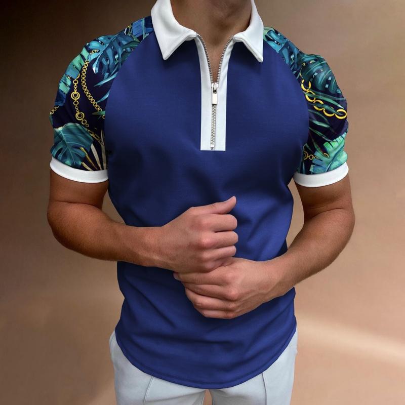 Summer Men's Casual Striped Houndstooth Digital Print T-Shirt Zipper Polo Shirt