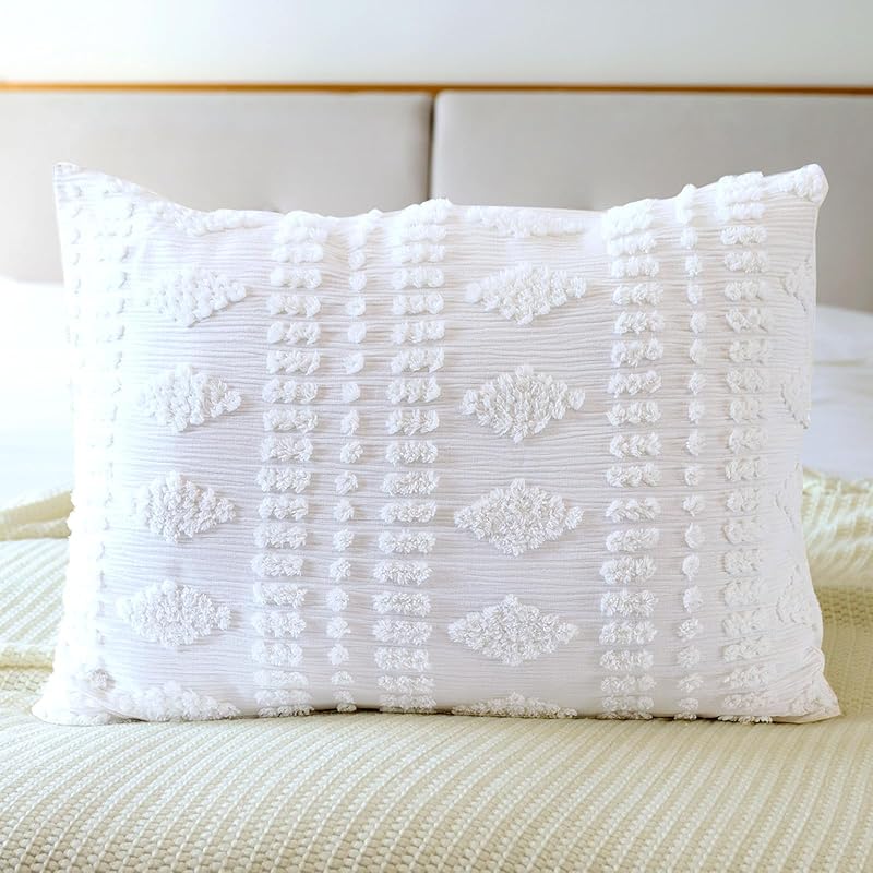 White Euro Sham Covers Shabby Chic Boho Tufted 26x26 Set of 2 Euro Pillow Covers Poms Diamonds Moroccan Embroidery Decorative European Large Pillow