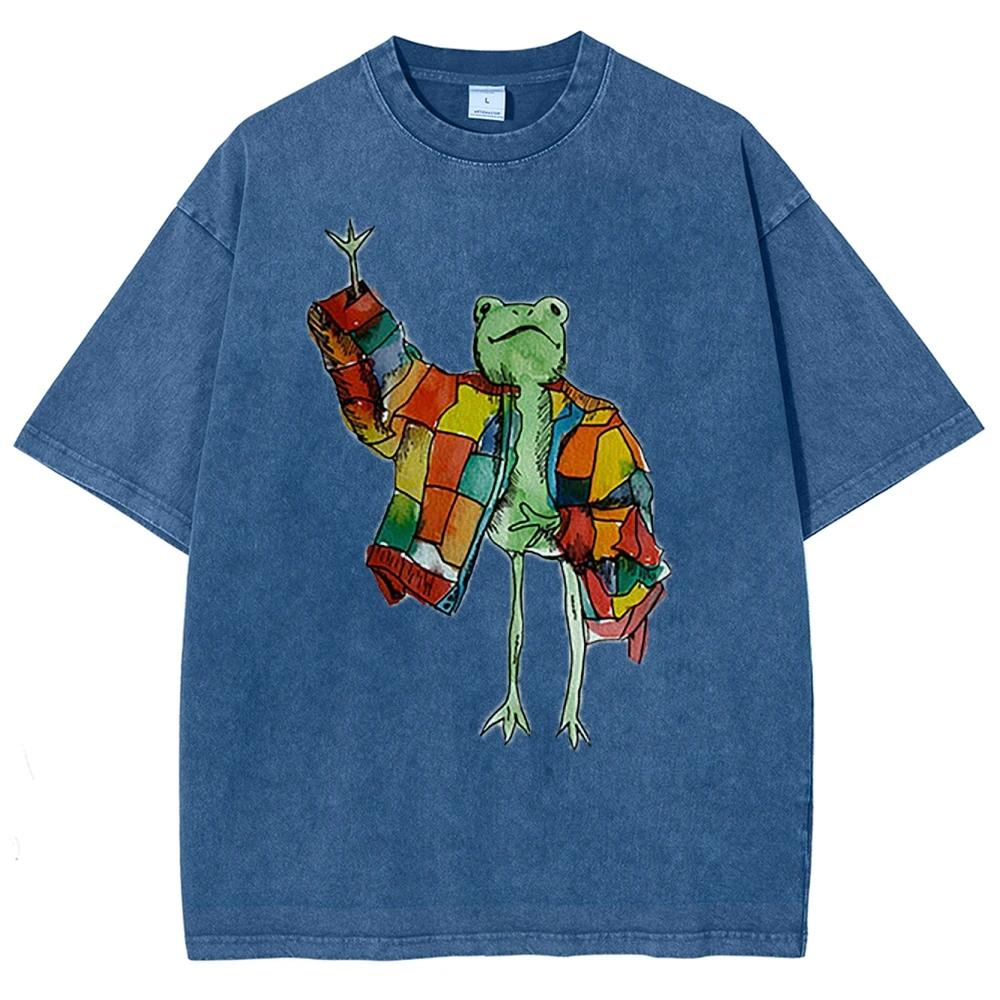 Cute Funny Style Cartoon Frog Print Ladies T-Shirt Loose Wash Oversized Short Sleeve Summer Fashion Cute Top Students