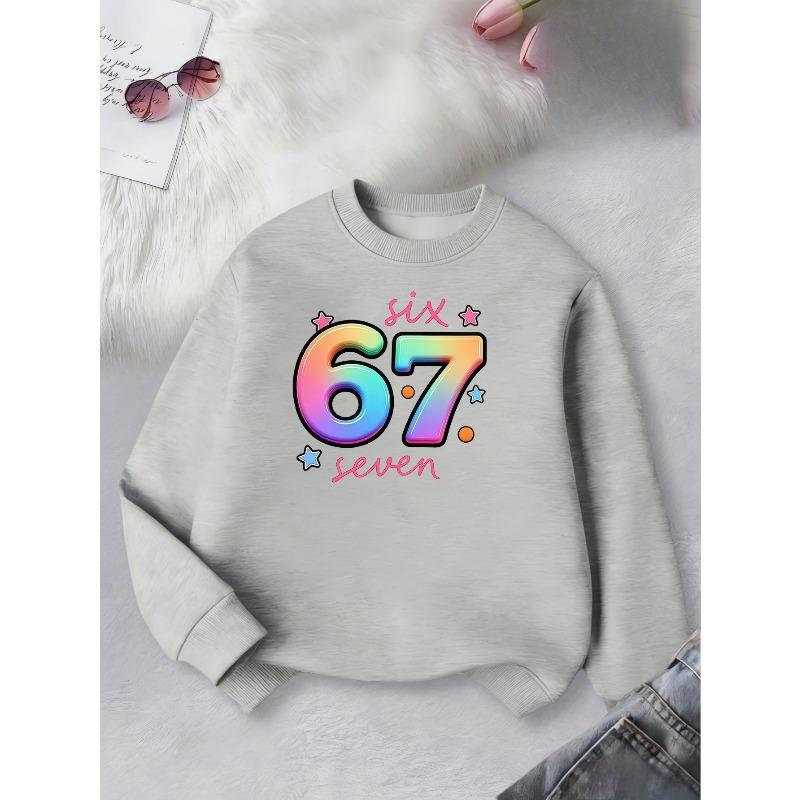 Birthday Kids Sweatshirt Over 4Y Unisex Boys Girls Rainbow Gradient 67 SIX SEVEN Star Graphic Red Crewneck Soft Fleece Pullover For 4-12 Children