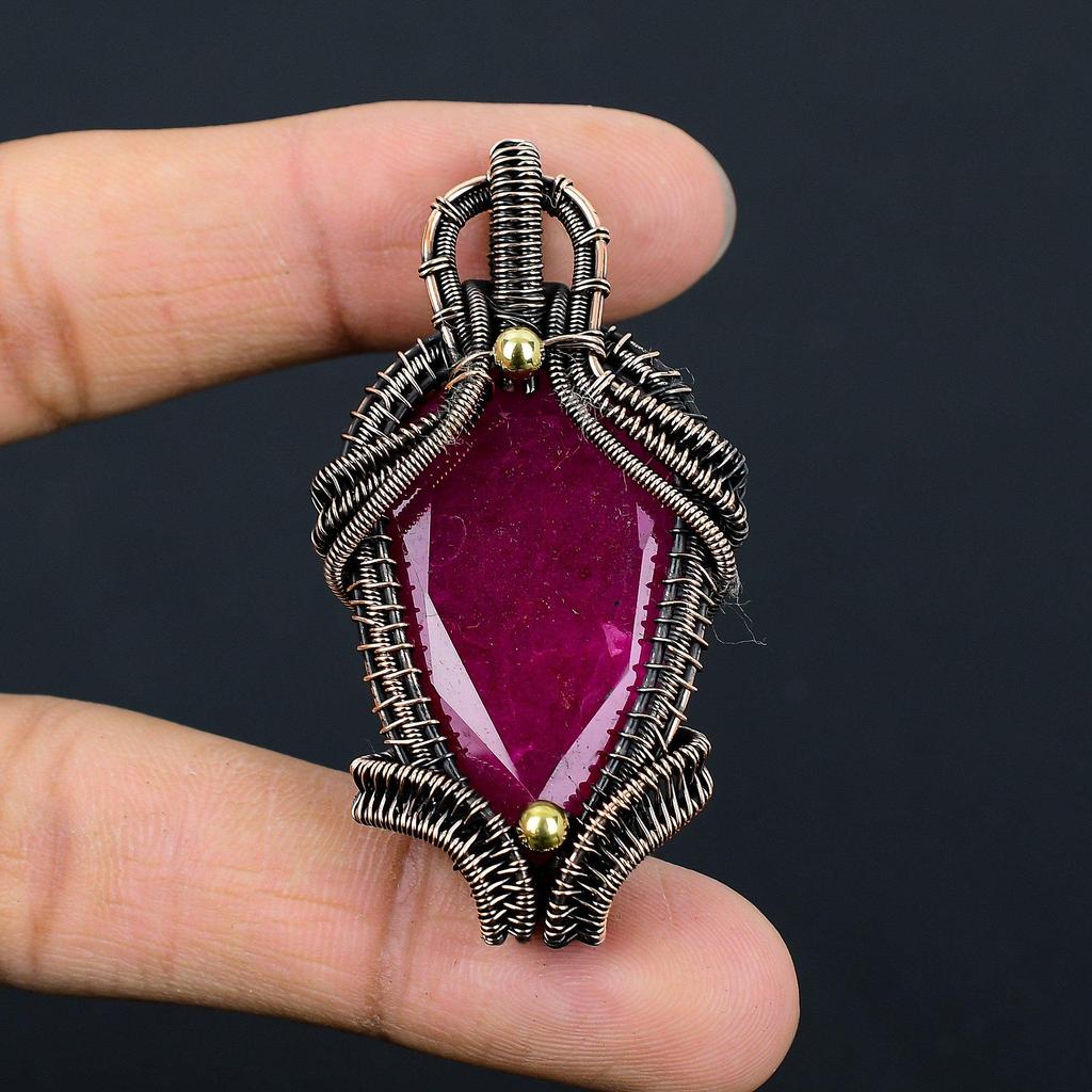 Lab-Created Ruby Gemstone Copper Wire Wrap Handmade Pendant Jewelry Gift For Love