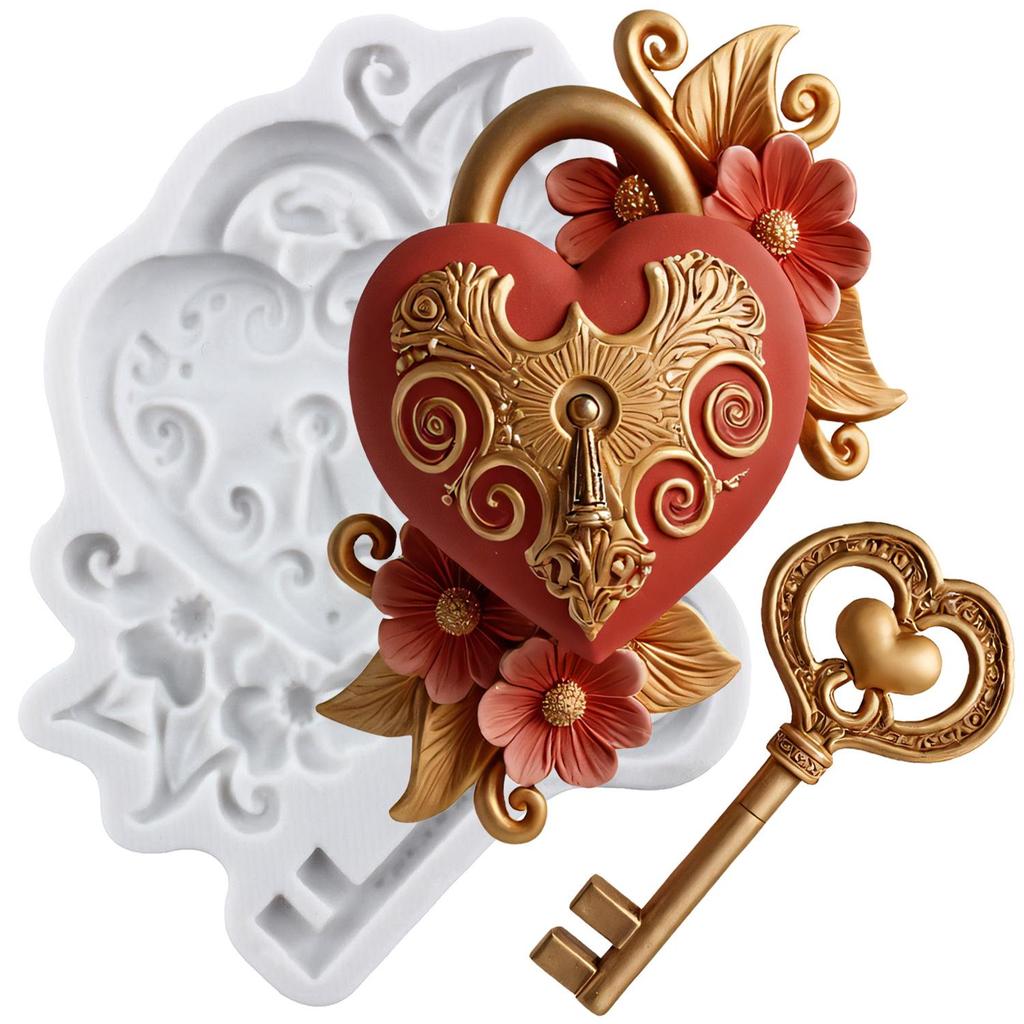 Vintage Key Silicone Molds Heart Lock Keyhole Fondant Mold Cake Decorating Tools Cupcake Topper Chocolate Candy Craft Gum Paste Polymer Clay