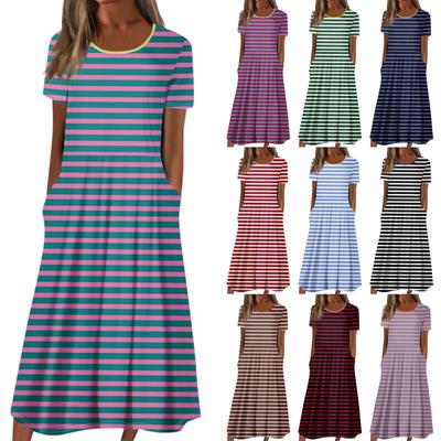 Women's Summer Casual Fashion Printed Short Sleeve Round Neck Pocket Dress