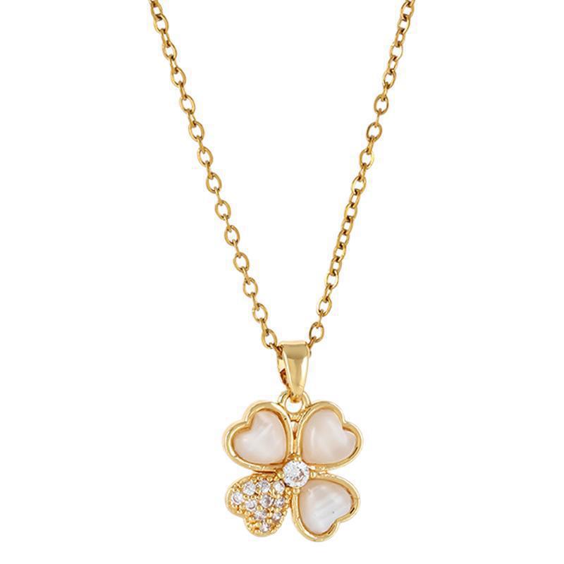 Titanium Steel Cat's Eye Clover Zircon Necklace - French Chic Women's Exquisite Collarbone Chain