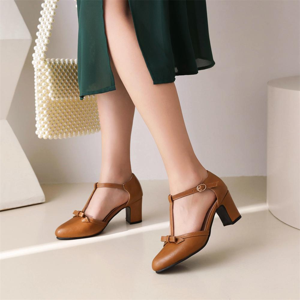 Fashion 2025 Women High Heels Spring Mary Jane Low High-heeled Shoes Ladies Buckle Round Head Shoes Brown Yellow Apricot Large Size34-43