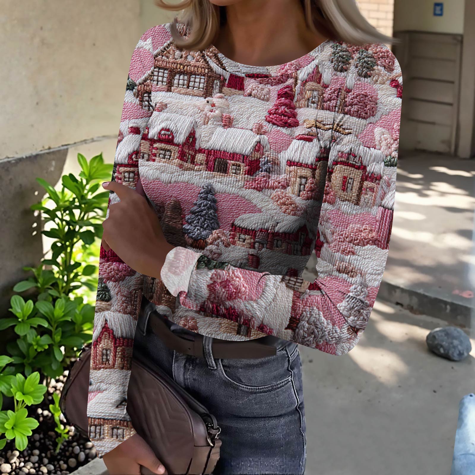 

Женская футболка с облегающим низом, модная повседневная с градиентным принтом, пуловер с круглым вырезом и длинными рукавами XL розовый