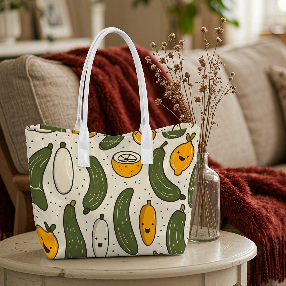 Cute Cartoon Fruit Print Handbag Casual Reusable Tote Bag for Daily Shopping Commute Lovely Lightweight Shoulder Bag