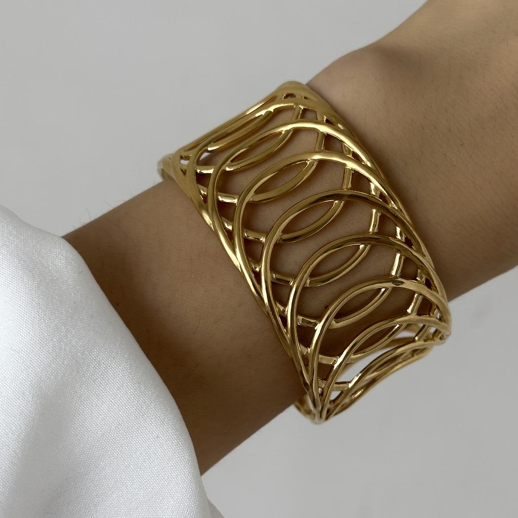 Stainless Steel Wide Bangles for Women Luxury Gold Color Chunky Flower Cuff Bangle Bracelet Femme Vintage Aesthetic Jewelry Gift