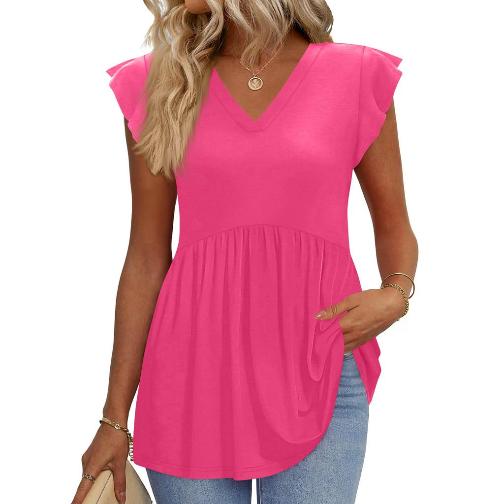 Womens Tops Fashionable V-neck Ruffled Sleeve Short-sleeved T-shirt Business Blouses