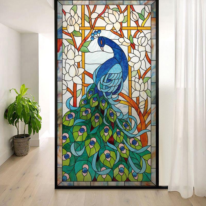 

Custom Size Window Glass Films, Peacock Self Adhesive Static Cling, Home Decorative Frosted Privacy Stained, Retro Church Glass (as the picture,40X60cm)