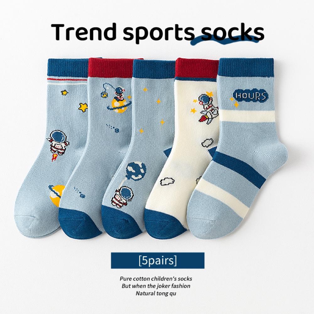 5Pairs Children's Warm Mid-tube Socks Little Astronaut Do Not Fade Comfortable Anime School Socks Clothes For Autumn 1-14 Years