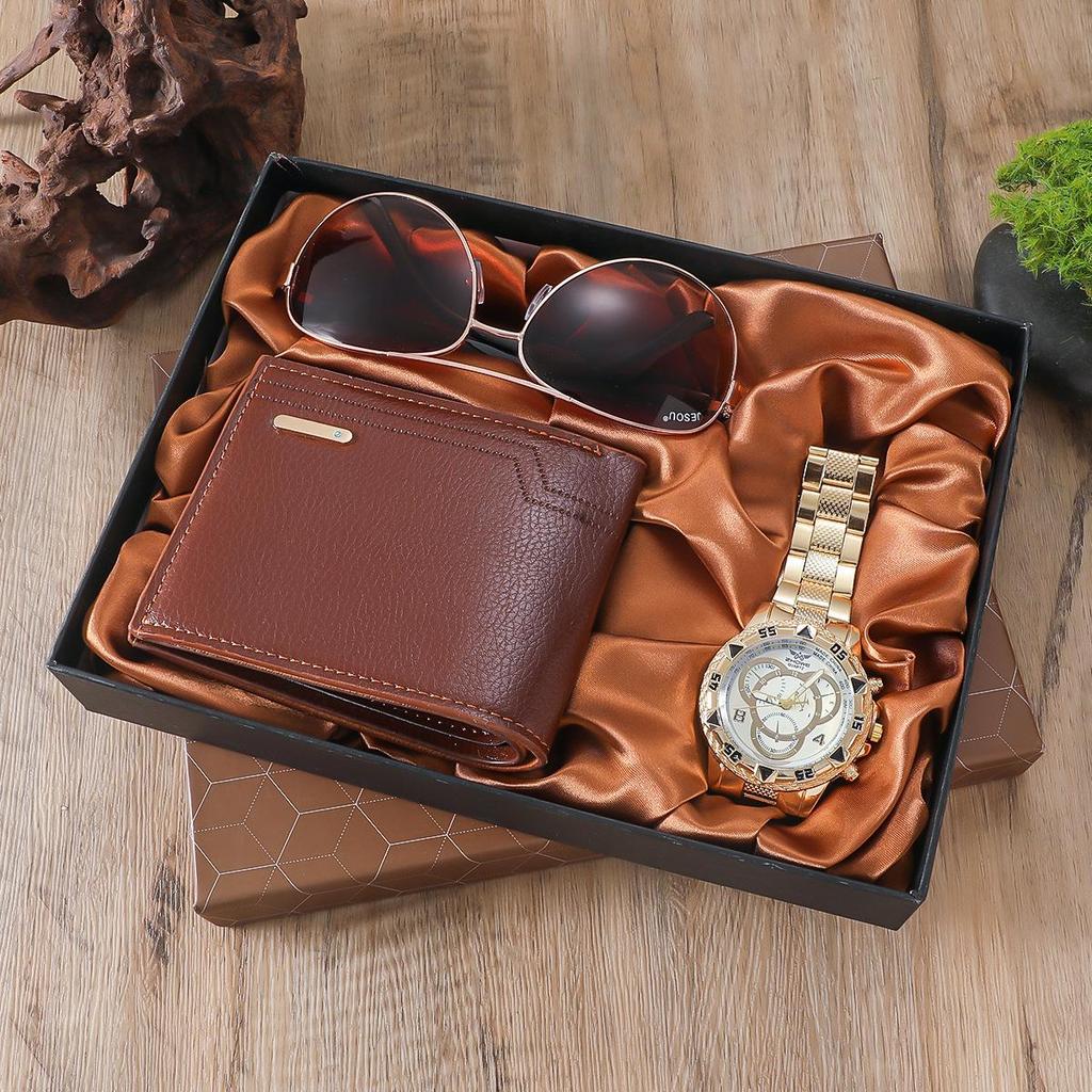 Luxusní dárková sada: Pásek, Peněženka, Kravata, Křemíkové hodinky s velkým ciferníkem (Náhodné manžetové knoflíčky a kravata)