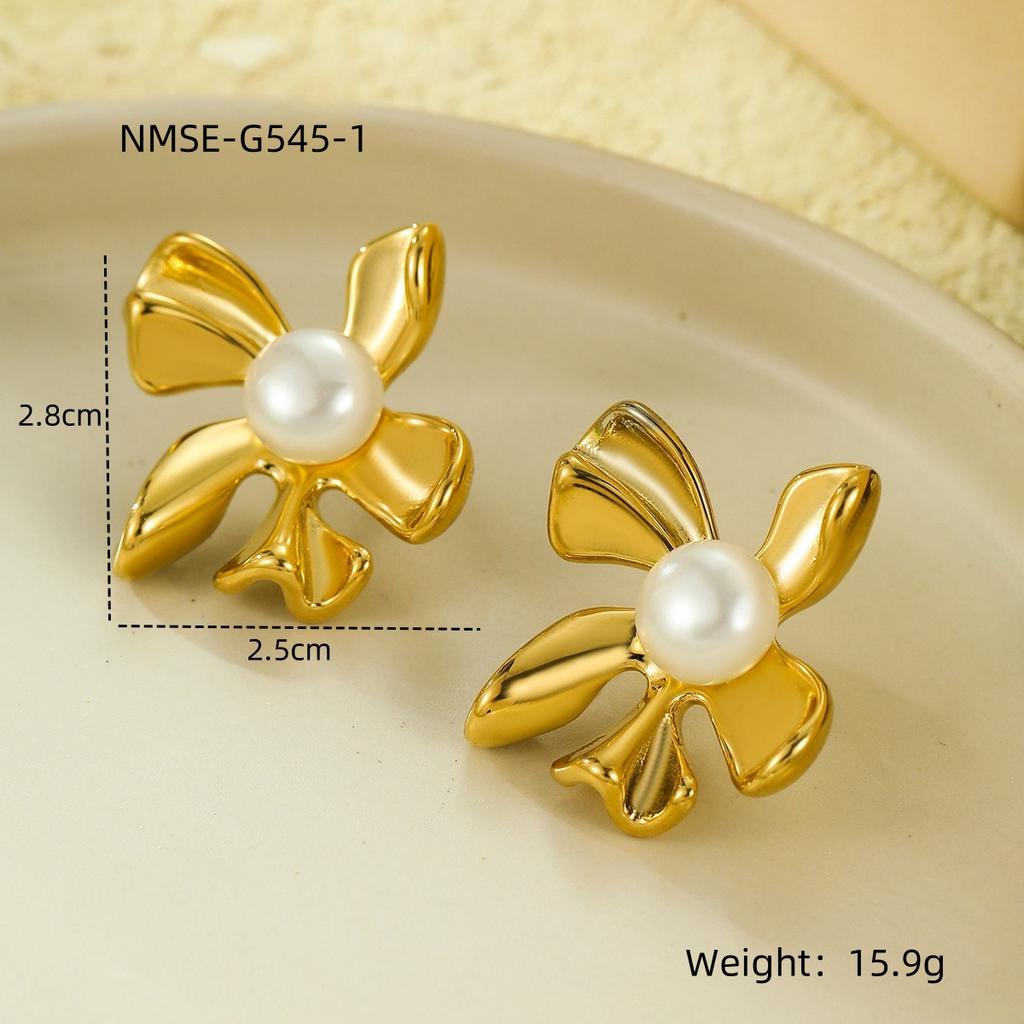 GEMCHIC Women's Geometric Flower Pearl Stud Earrings Gold Plated Stainless Steel Fashion Jewelry