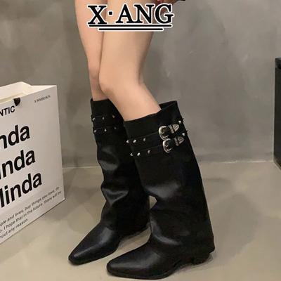 Rindslederversion braune Stiefeletten für Damen mit spitzer Zehenpartie, dickem Absatz und schmalem Schaft, Spice-Girl-Stil, Ritterstiefel, Western-Cowboystiefel
