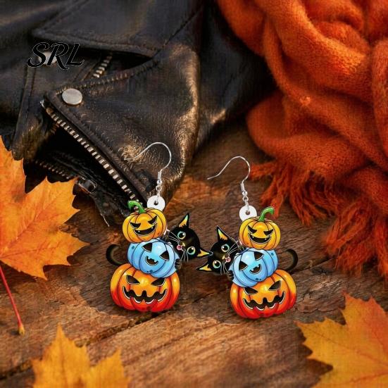 Hypoallergenic Earrings for Sensitive Ears 1 Pair Halloween Drop Dangle Women, Acrylic Pumpkin Lightweight Ear Jewelry Teens Black Cat Earrings,