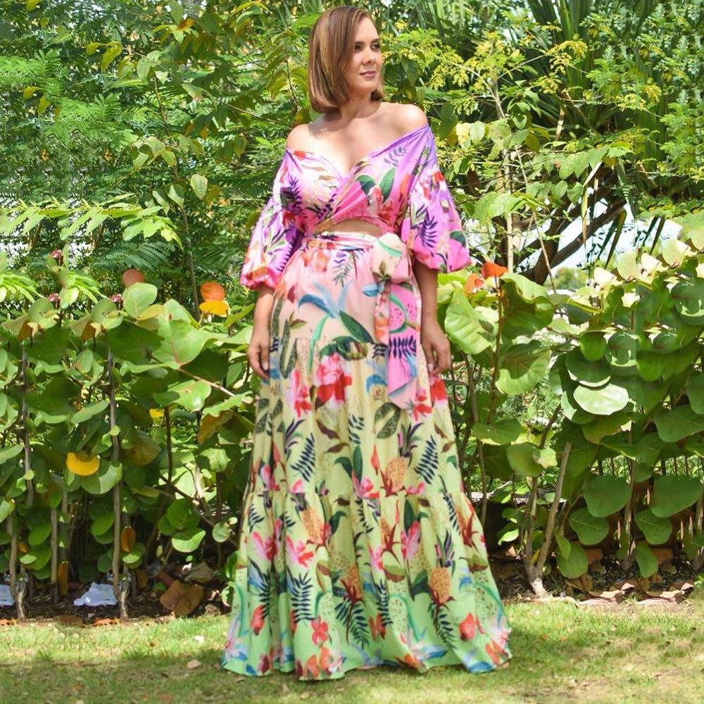 Spring and Summer New European and American Women's Clothing Printing Loose Off-the-shoulder V-neck Sexy and Thin Long Dress Dress Dress