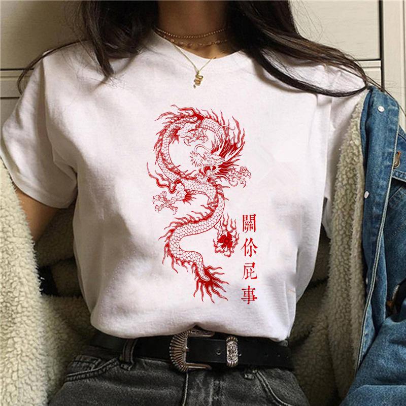 Harajuku Chinese Dragon Print Popular Fashion Trend Largesized Thin Unisexs and Womens Same Shortsleeved Tshirt Graphic
