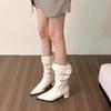 Women's Pointy Pleated Ankle Boots Fashion Square Heels Booties Woman Autumn New Fashion Pu Leather Chunky Heel Knee