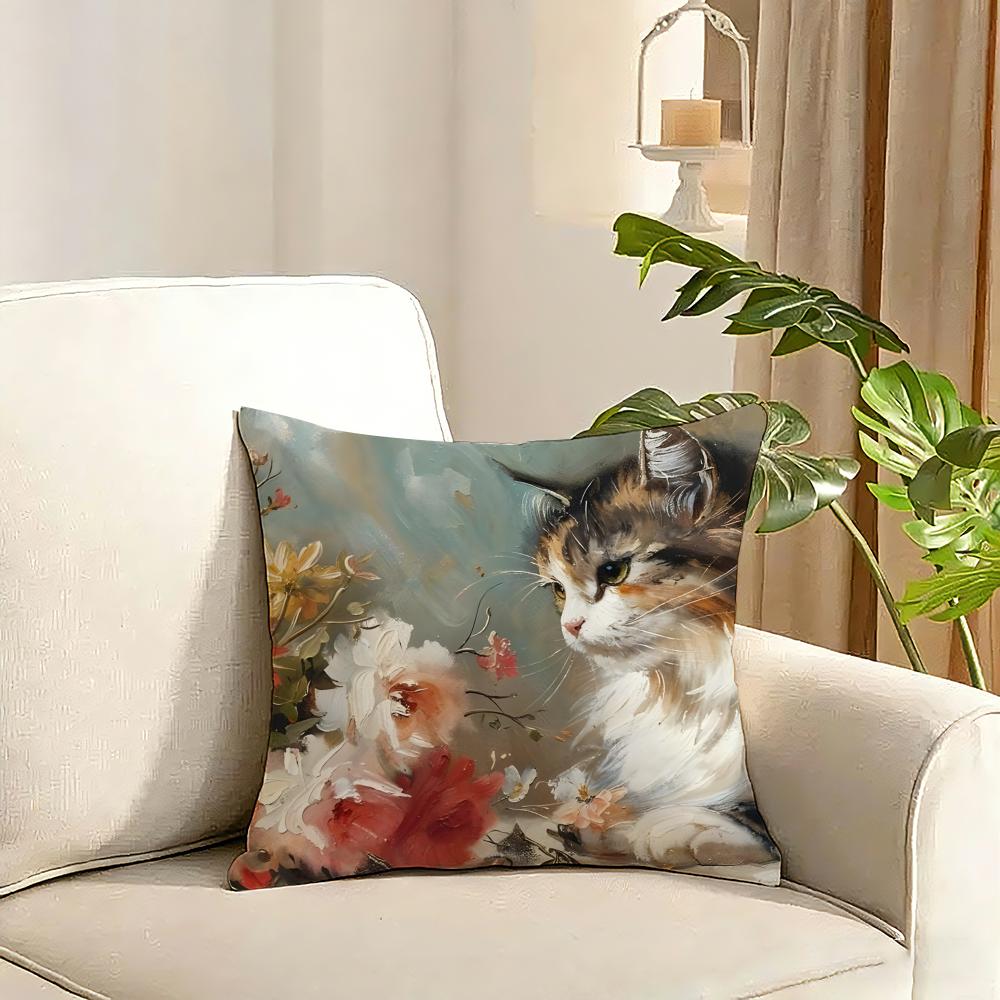 Cute oil painting colorful cat Cushion Cover Reversible Plush Pillow Cover Soft Fluffy Home Decor for Sofa Bedroom