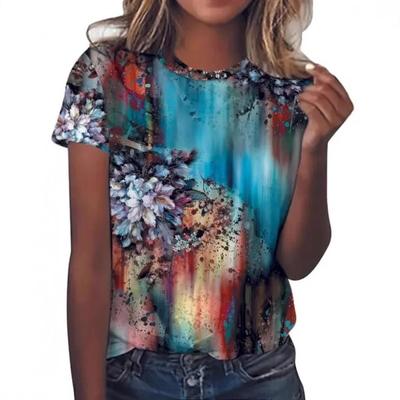Summer Pattern Printed Women's Elegant Temperament Short Sleeved Round Neck Pullover Top Shirt