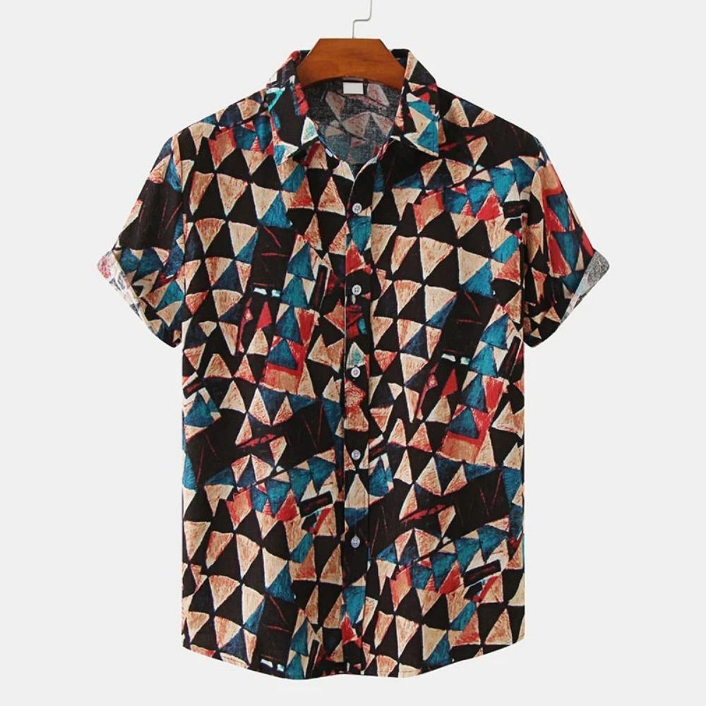 Vintage Splicing Pattern Hawaiian Shirt For Men Colorful Square 3D Printed Short Sleeve Blouse Casual Button Loose Aloha Shirts