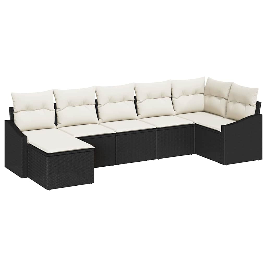 7 Piece Sofa Set with Cushions Black Poly Rattan