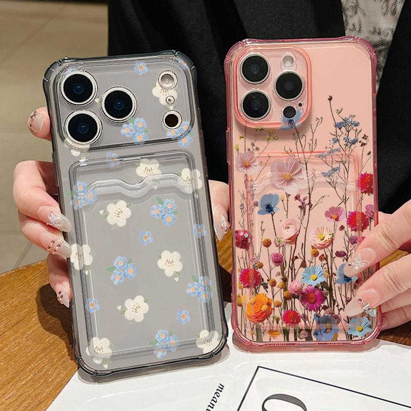Silicone Cover For iPhone 16 Pro Max Funda iPhone 17 Air 15 14 13 12 Pro Max 11 colorful Small Flowers Pattern Case Insert the card Silicone Cover