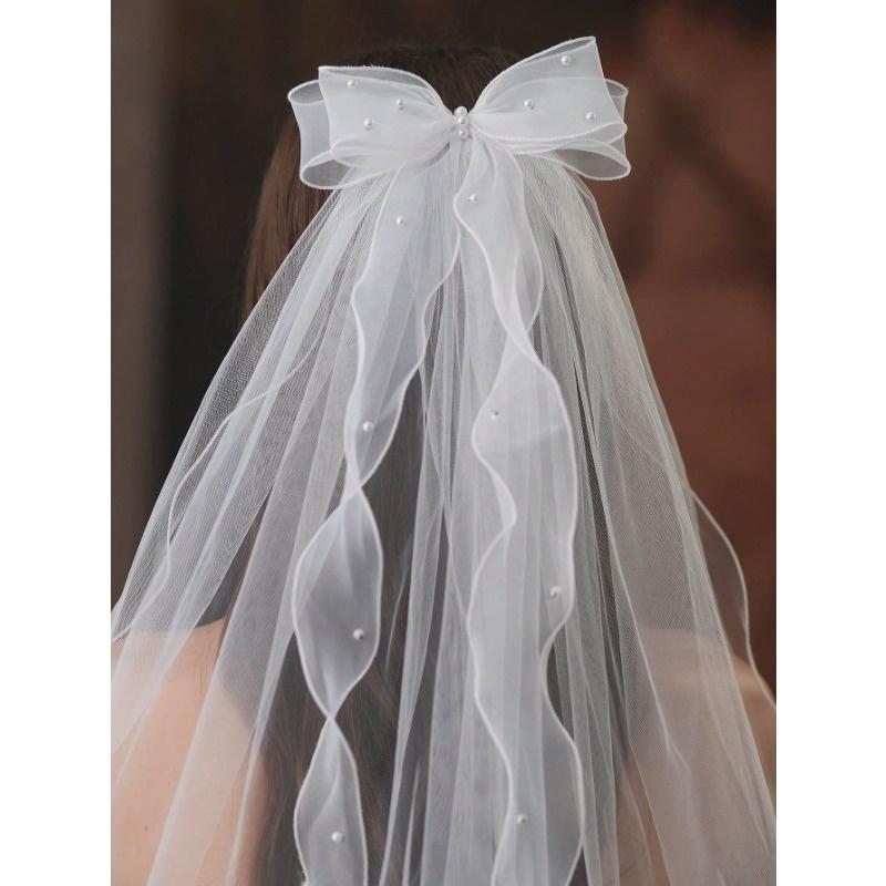 1pc Bow & Pearl Decor Bride Wedding Short Veil, Cute & Simple Edged Design