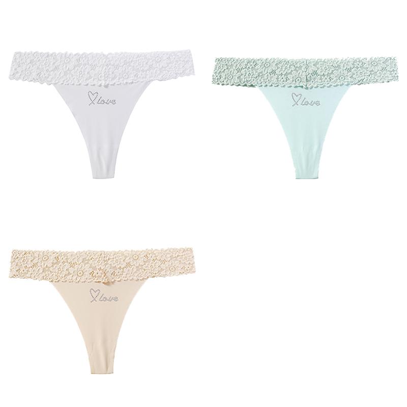 CINOON 3 Stück/Los Damen Sexy Niedrig geschnittener Tanga Spitze am Bund Nahtloser Slip Einfarbiger Leichter Atmungsaktiver Tanga