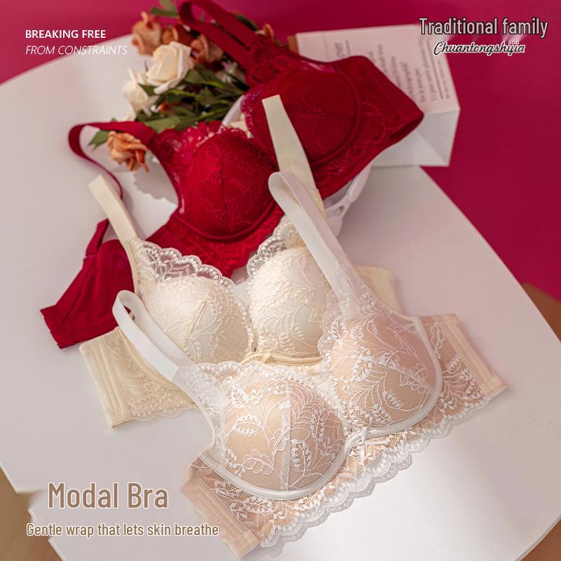 French Lace Push-Up Bra for Women - Large Bust, Anti-Sagging, Wire-Free, Comfortable, Thin Style