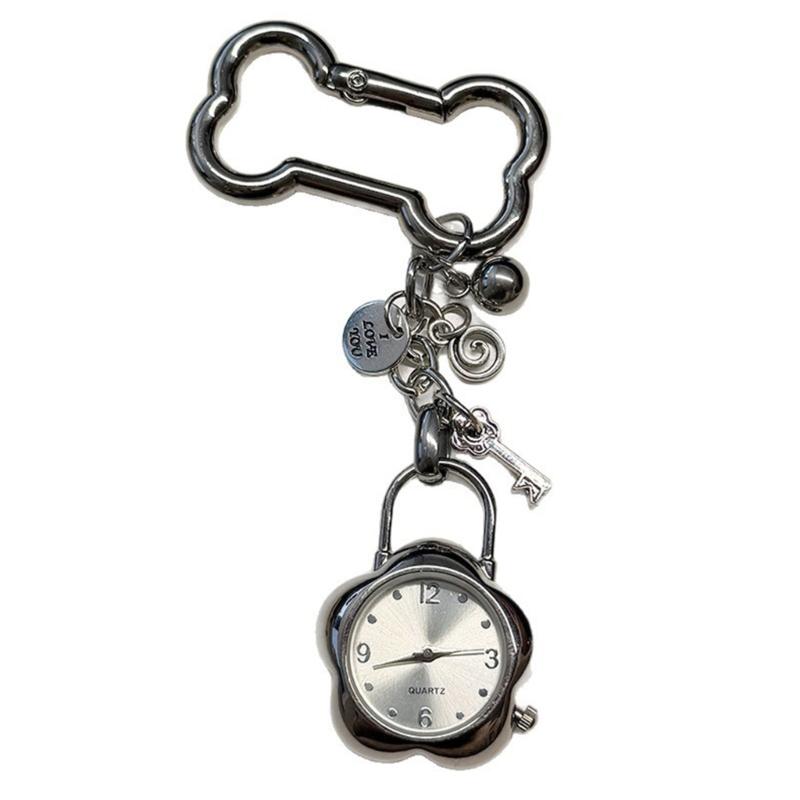 Vintage Floral Keychain With Small Clock Elegant Alloy Keyring For Women Men Unisex Gift Accessory