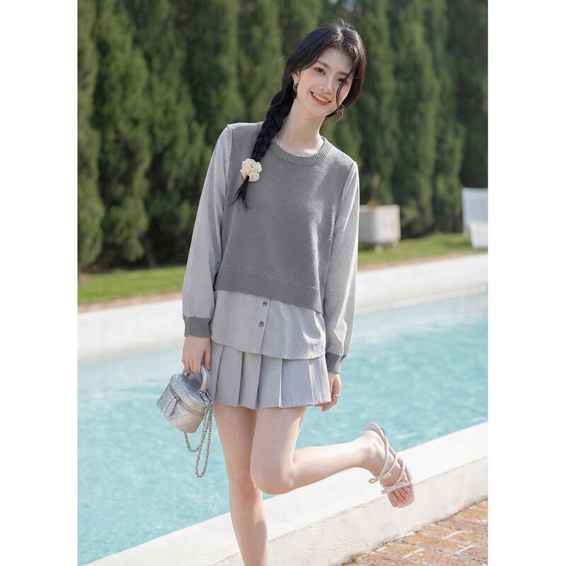 Mokana Women's Faux Two-Piece Spliced Long Sleeve Knit Shirt