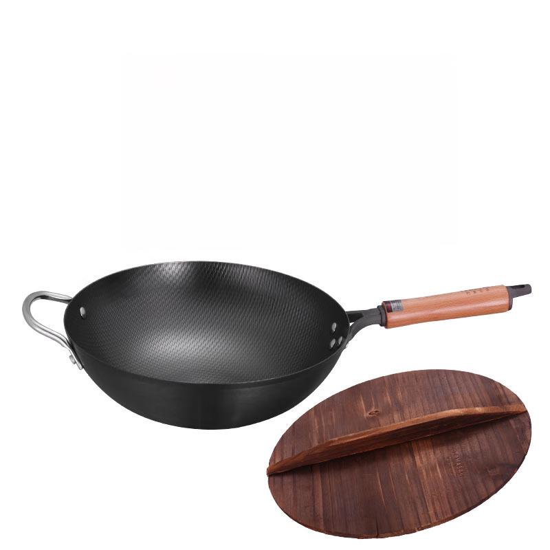 Lilang Japanese Forged Non-Stick Iron Wok with Wooden Lid