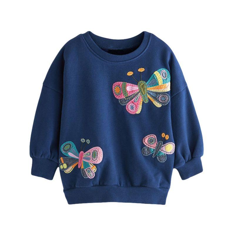Spring & Fall Kids Baby Sweater Children's Jacket Girl Long Sleeves Pullover Pure Cotton Cartoon Dark Blue Butterfly Bottoming Shirt Trendy