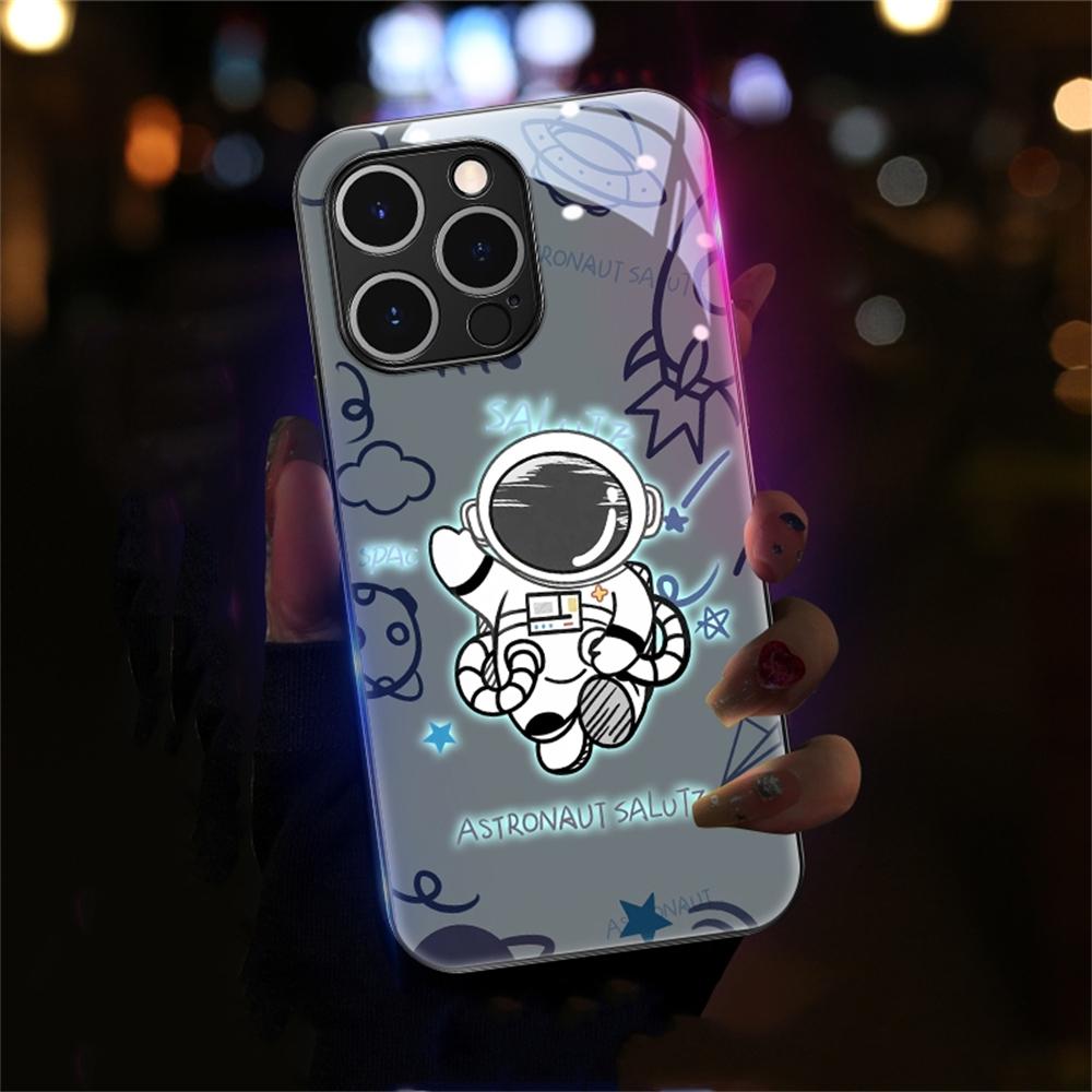 Spaceman Sound Sensor LED Flash Luminous Glass Case for iPhone Samsung