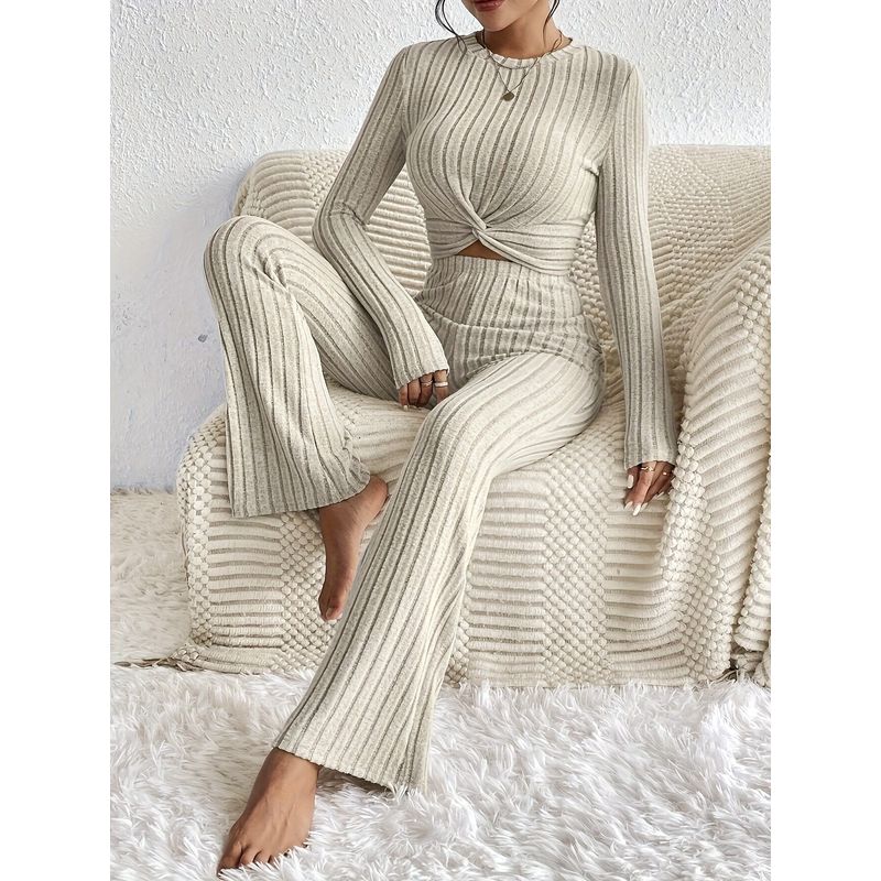 

European and American Cross-Border Popular Casual Solid Color Two-Piece Set with a Knotted Front Long-Sleeve Cropped Top and Slim-Fit Pants Set Apricot S