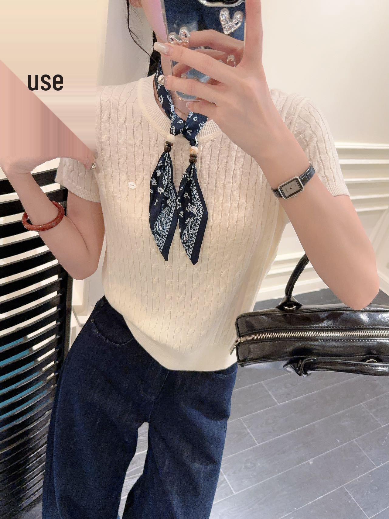 Women s 2025 Retro Minimalist Cable Knit Crew Neck T-Shirt with Back Cutout - Short Sleeve Pullover One Size