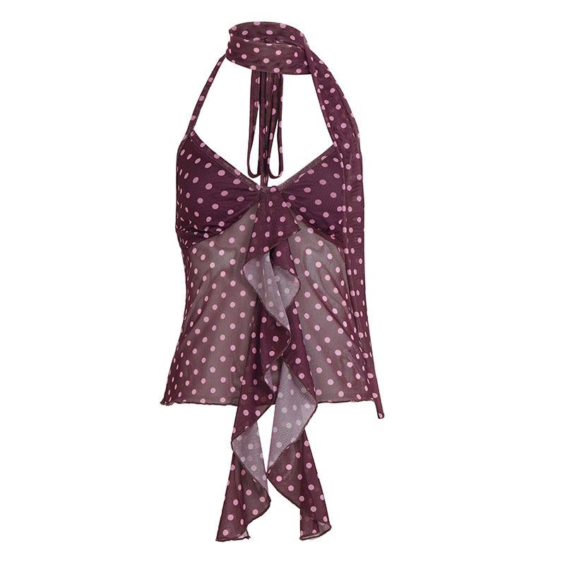 

Vintage Polka Dot Ruffled A-Line Halter Neck Tie-Up Camisole with Mesh Patchwork Design and Sleeveless Top Purple S