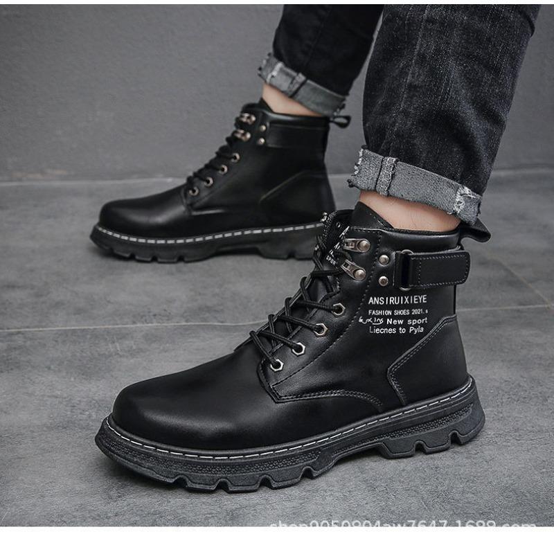 Men's Autumn-Winter Korean Style Mid-High Top Martin Leather Boots, Warm-Lined Thickened Casual Footwear.