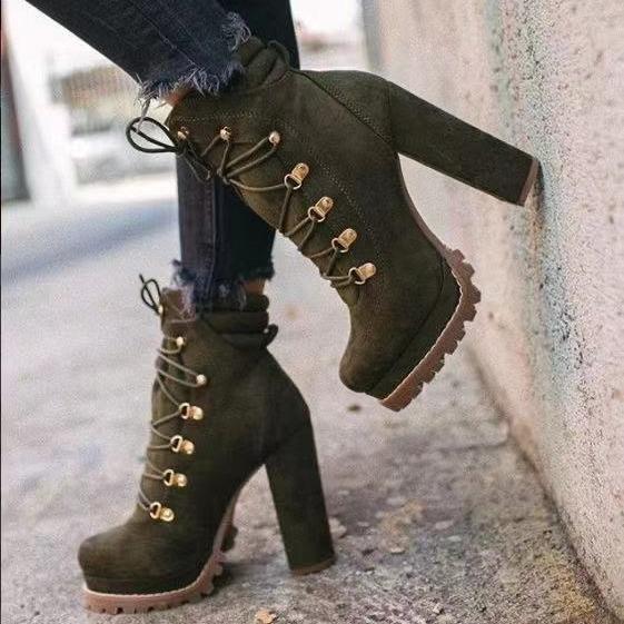 Autumn and Winter Waterproof Table High-heeled Lace-up Rivet Short Boots Suede Martin Boots