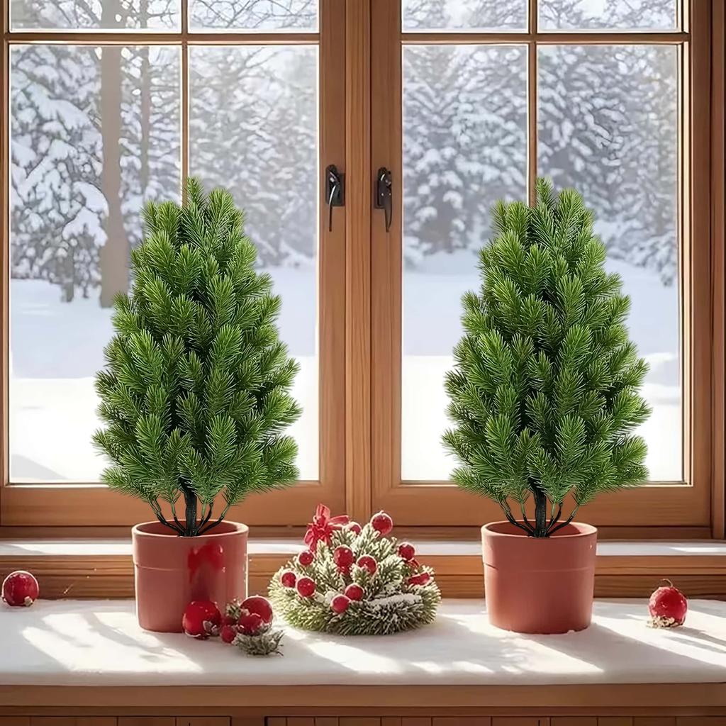 2pcs Artificial Pine Needle Christmas Trees - Realistic Indoor/Outdoor -Resistant Plastic Mini Holiday Decor for Garden & Patio