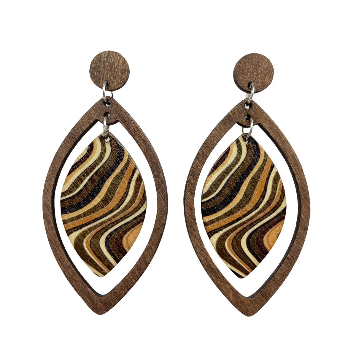 Bohemian Retro Wooden Leaf Earrings - Water Ripple Style коричневый