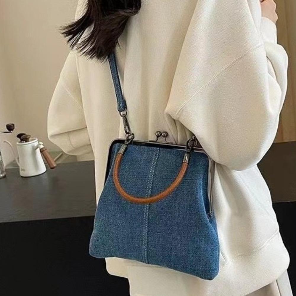 Portable Vintage Style Women Handbag Versatile Navy Blue Designer Shoulder Bag Lady‘s Denim Purses Fashionable Crossbody Bags
