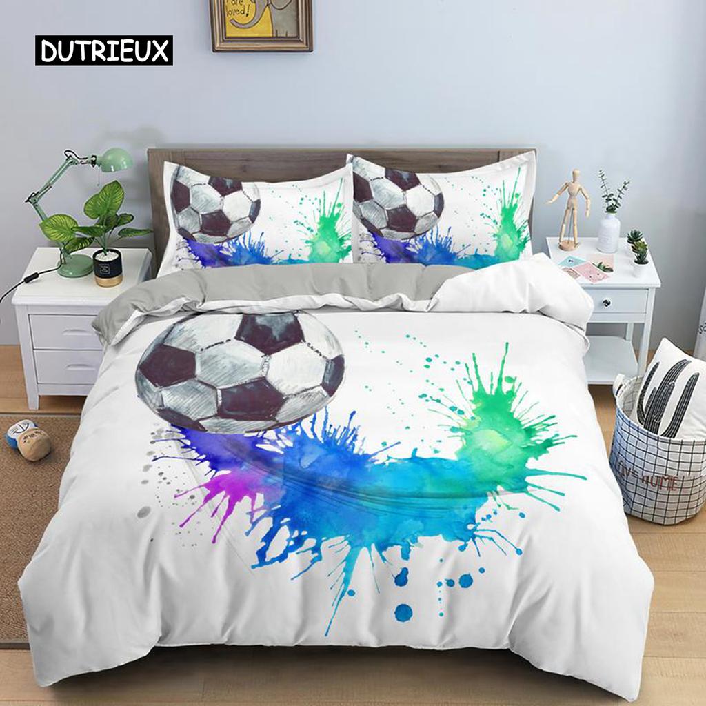 3D Boys Teens Football Comforter Cover Set Queen Size Soccer Ball Duvet Cover Polyester Bedding Set 2/3pcs Soft Twin Quilt Cover