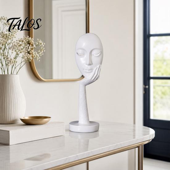 Talos Abstract Contemplative Face Resin Sculpture, Minimalist Hand-on-Chin Bust Statue for Desk Living Room Office, Creative Art Decor Entryway