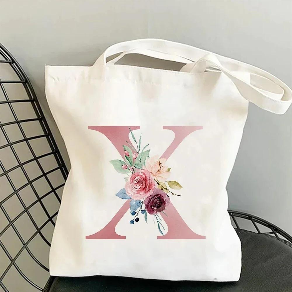 Canvas Bag Women's Travel and Leisure One Shoulder Handbag Pink Letter Large Capacity Gift White Canvas