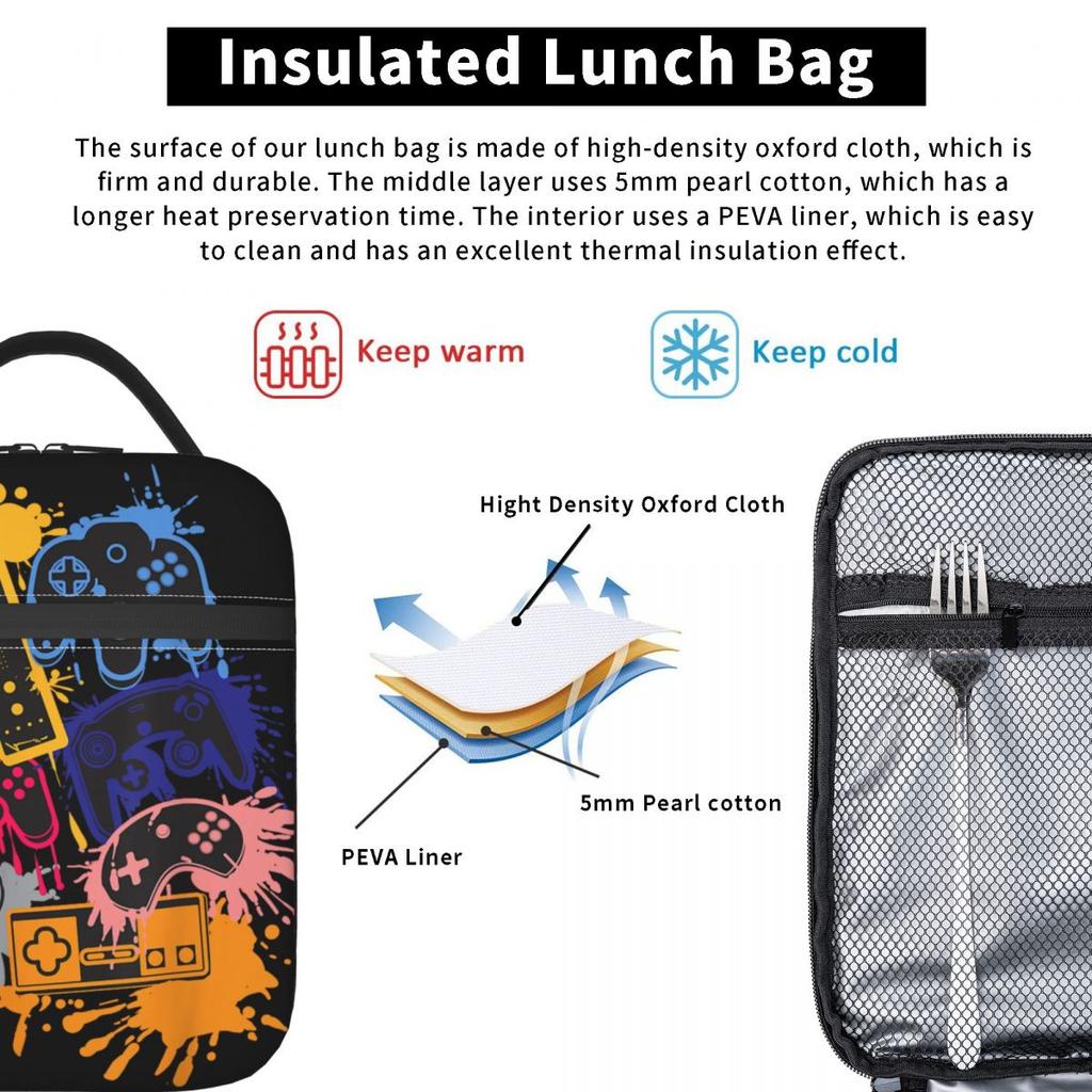 Control All The Things Video Game Controller Lunch Bag Portable Lunch Box Travel Cooler Bag Funny Oxford Thermal Tote Handbags