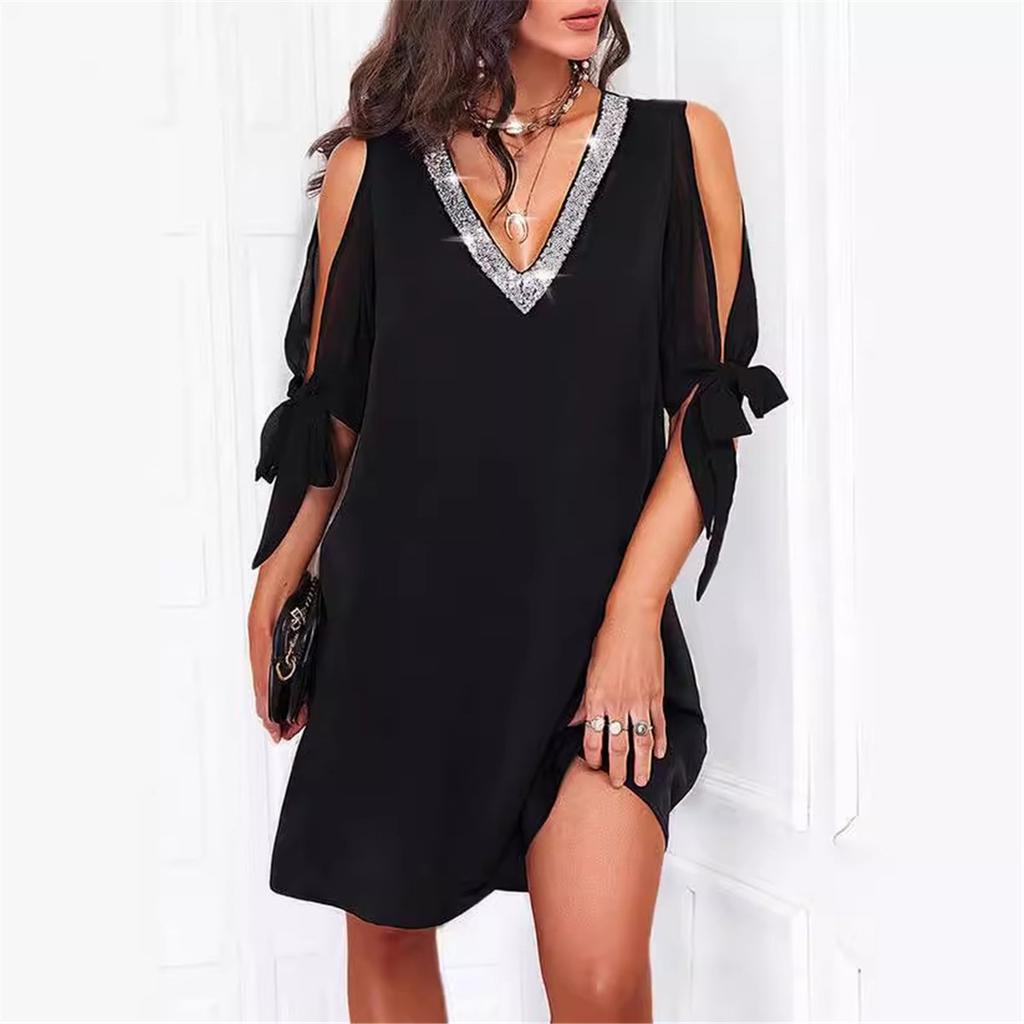 Tooxika Big Size Strapless Dress V-neck Sequin Splicing Solid Colour Tie Chiffon Straight Skirt