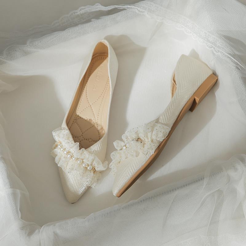 Spitze flache Einzel-Schuhe Frühling und Herbst Abend Abend sanfte Schuhe flacher Mund weiches Leder Fee-Stil Doudou-Schuhe