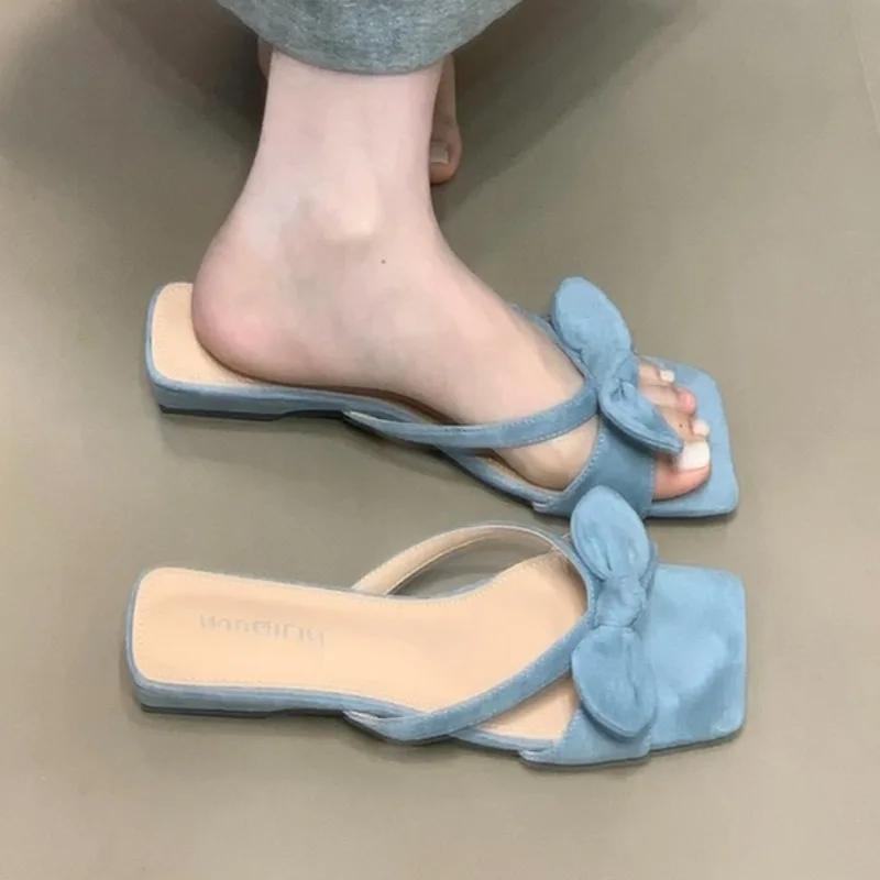 Fashion Bow Women Flats Slippers Square Toe Summer Shoes Fashion 2025 New Sandals Slingback Woman Shoes Dress Zapatillas Sandalias Mujer